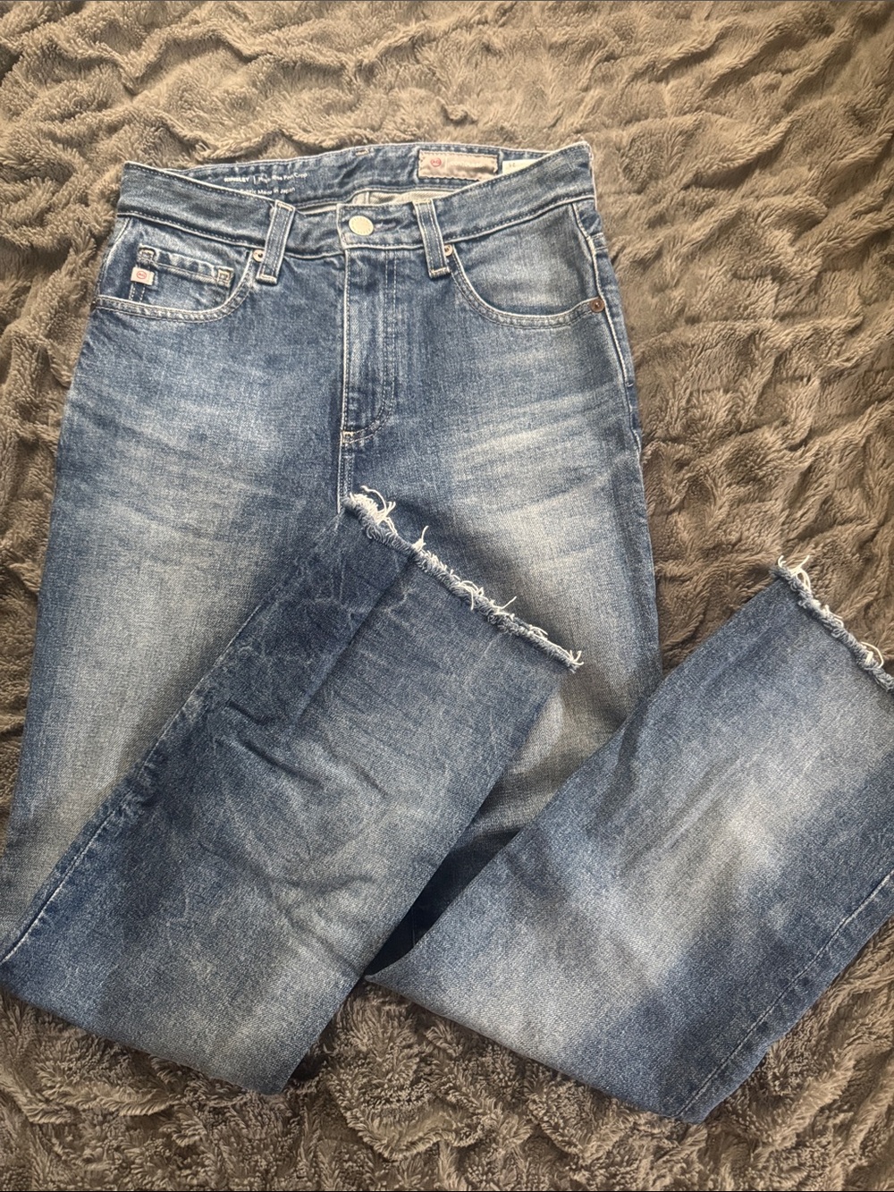 Ag Adriano Goldschmied Kingsley Distressed Medium Blue Straight-Leg Jeans 360